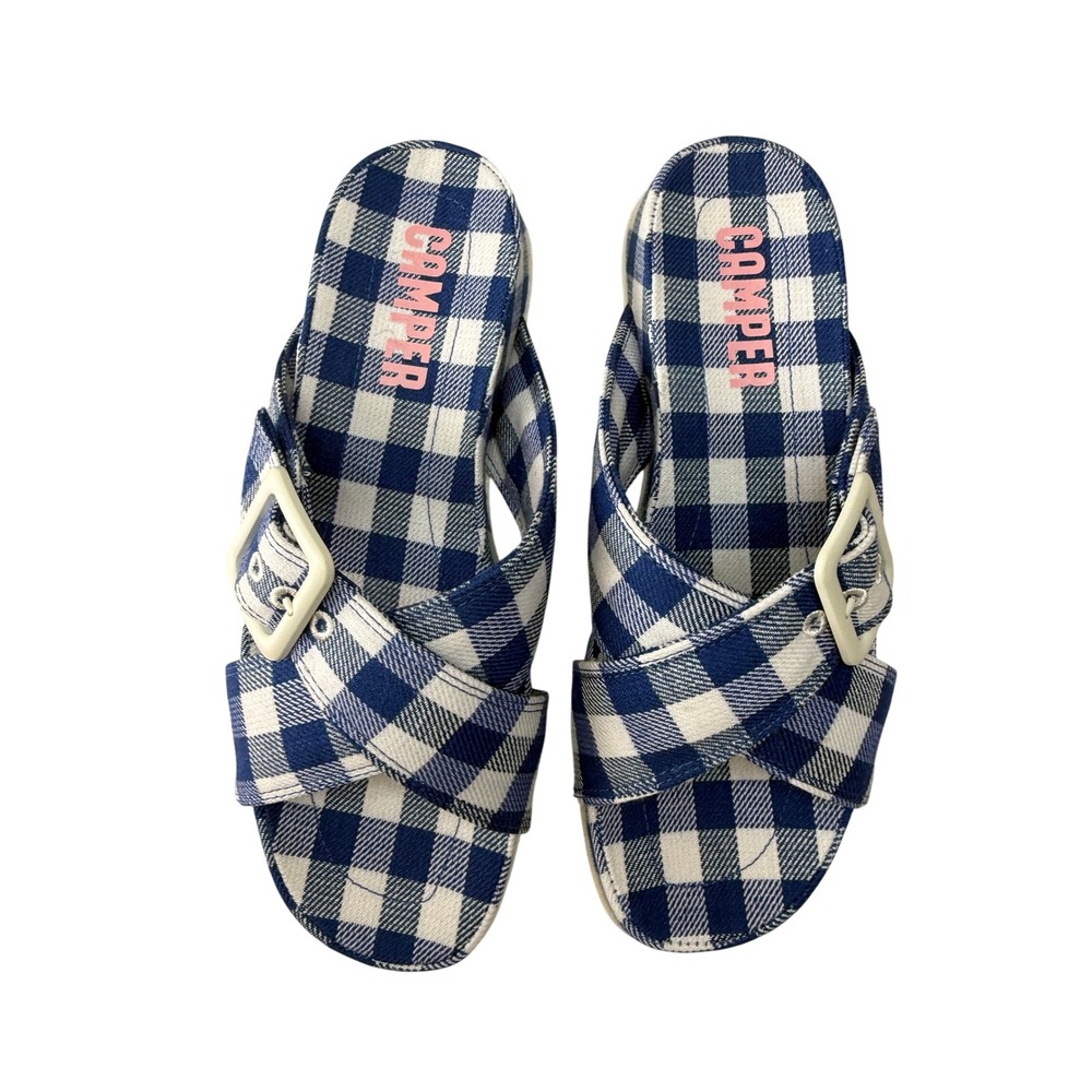 Camper Atonik Gingham Slide‎ Sandals Blue White Runs Small EU 37 US 7 NEW